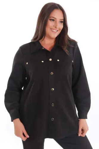 Plus Size Snap Buttoned Pocket and Shoulder Laser Cut Detailed Black Suede Shirt - 3