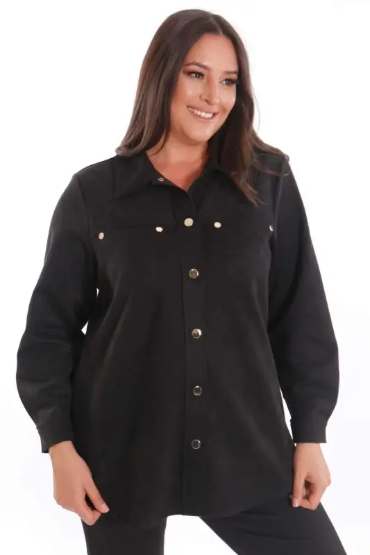 Plus Size Snap Buttoned Pocket and Shoulder Laser Cut Detailed Black Suede Shirt - 3