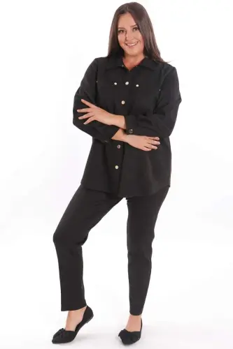 Plus Size Snap Buttoned Pocket and Shoulder Laser Cut Detailed Black Suede Shirt - 4