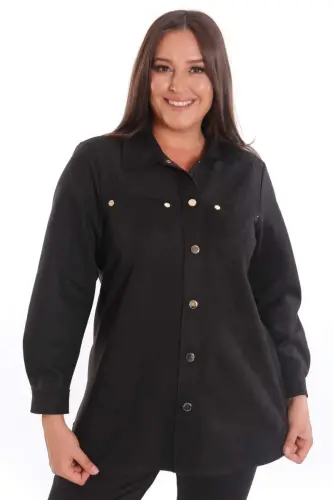 Plus Size Snap Buttoned Pocket and Shoulder Laser Cut Detailed Black Suede Shirt - 5