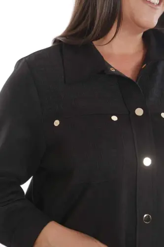 Plus Size Snap Buttoned Pocket and Shoulder Laser Cut Detailed Black Suede Shirt - 6