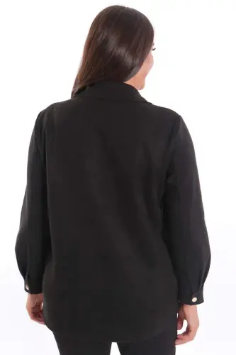 Plus Size Snap Buttoned Pocket and Shoulder Laser Cut Detailed Black Suede Shirt - 7