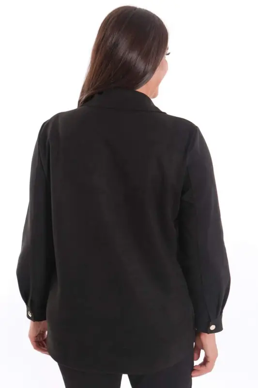 Plus Size Snap Buttoned Pocket and Shoulder Laser Cut Detailed Black Suede Shirt - 7