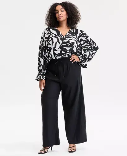 Plus Size Solid Drawstring Wide-Leg Pants, Exclusively at Modazone - Deep Black - 1