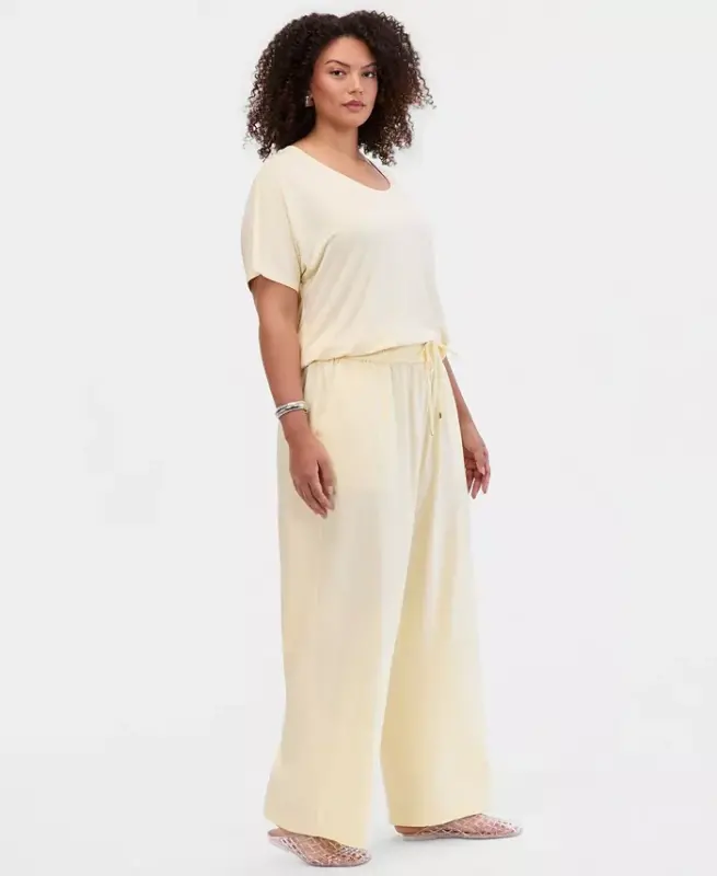Plus Size Solid Drawstring Wide-Leg Pants, Exclusively at Modazone - Yellow Mist - 2
