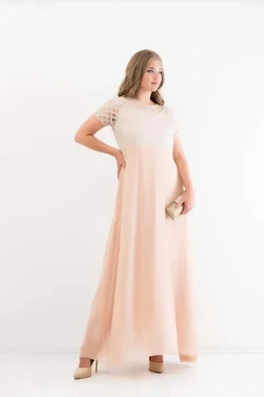 Plus Size Square Detail Long Evening Dress KL831 Ecru - BÜYÜKBEDENIZ