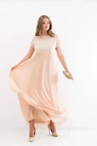 Plus Size Square Detail Long Evening Dress KL831 Ecru - 3