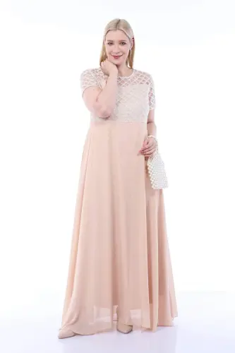 Plus Size Square Detail Long Evening Dress KL831 Ecru - 9