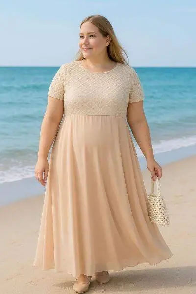 Plus Size Square Detail Long Evening Dress KL831 Ecru - 10