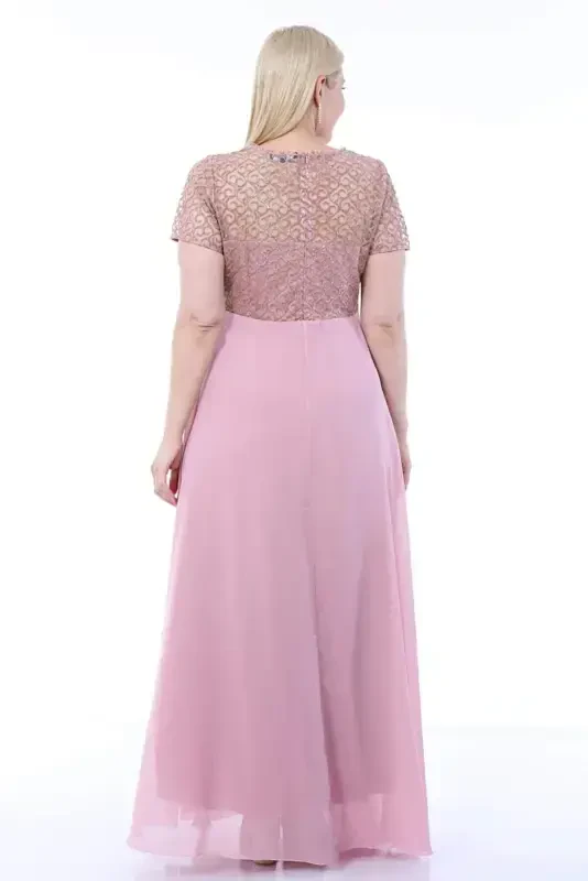 Plus Size Square Detail Long Evening Dress KL831 Powder - BÜYÜKBEDENIZ