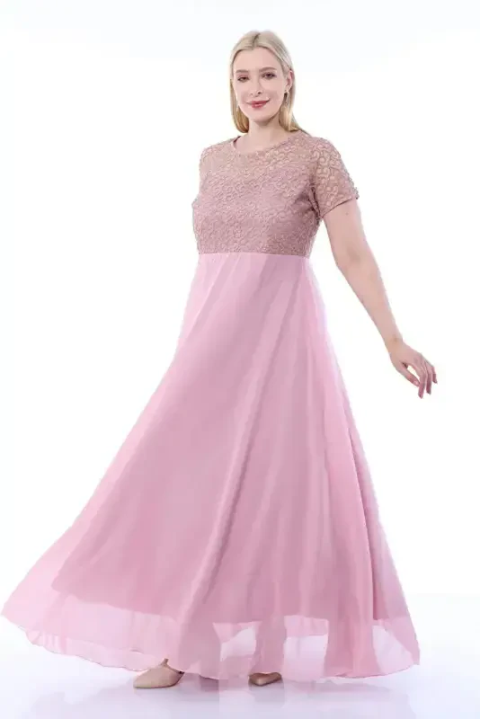 Plus Size Square Detail Long Evening Dress KL831 Powder - 2