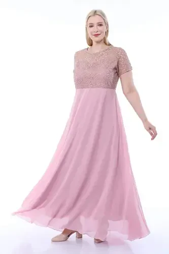 Plus Size Square Detail Long Evening Dress KL831 Powder - 3