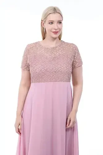 Plus Size Square Detail Long Evening Dress KL831 Powder - 5