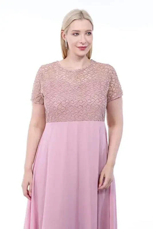 Plus Size Square Detail Long Evening Dress KL831 Powder - 5