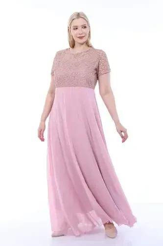 Plus Size Square Detail Long Evening Dress KL831 Powder - 6