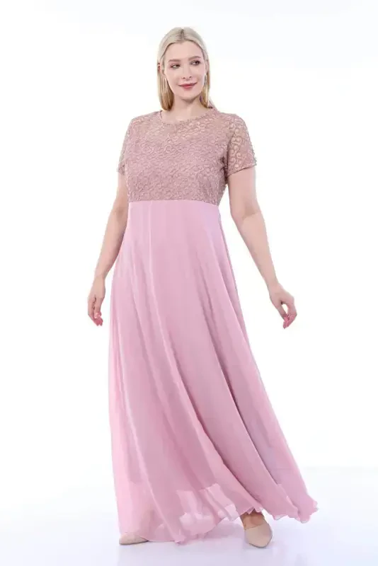 Plus Size Square Detail Long Evening Dress KL831 Powder - 6