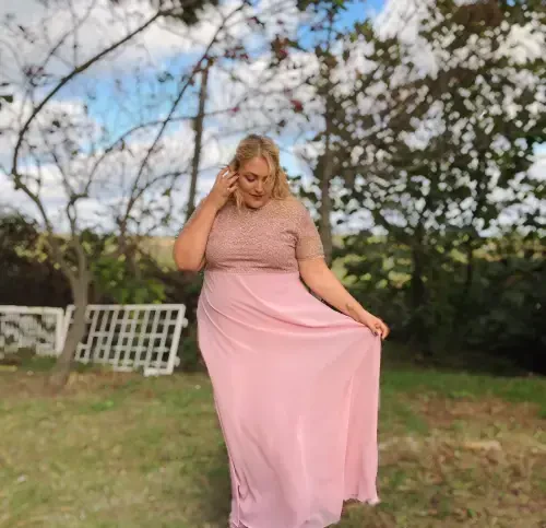 Plus Size Square Detail Long Evening Dress KL831 Powder - 7