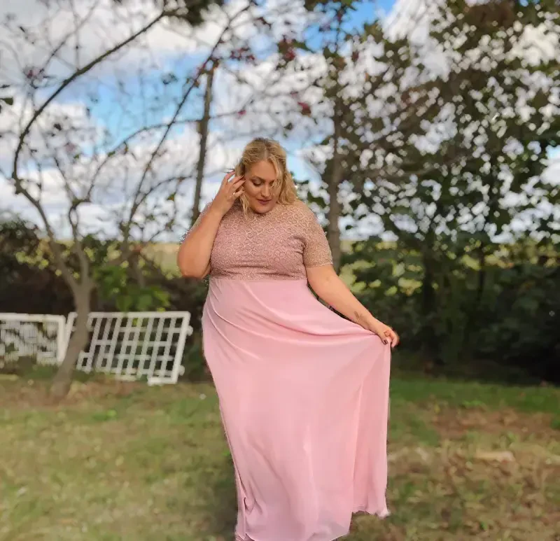 Plus Size Square Detail Long Evening Dress KL831 Powder - 7