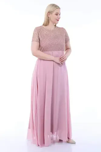 Plus Size Square Detail Long Evening Dress KL831 Powder - 8