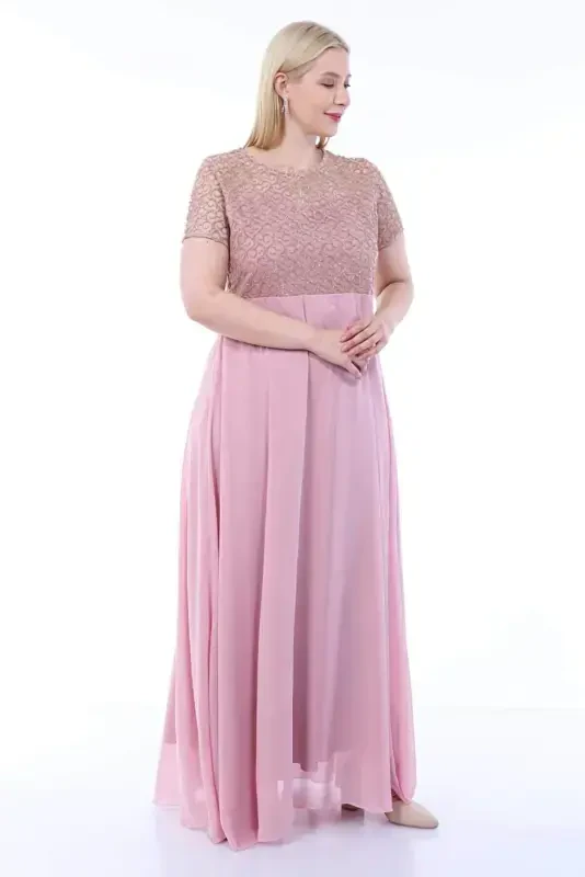 Plus Size Square Detail Long Evening Dress KL831 Powder - 8