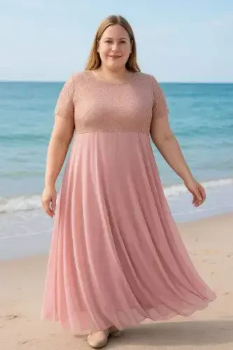 Plus Size Square Detail Long Evening Dress KL831 Powder - 9