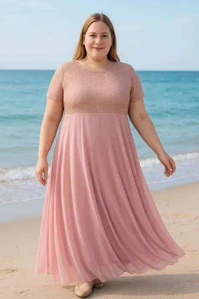 Plus Size Square Detail Long Evening Dress KL831 Powder - 9