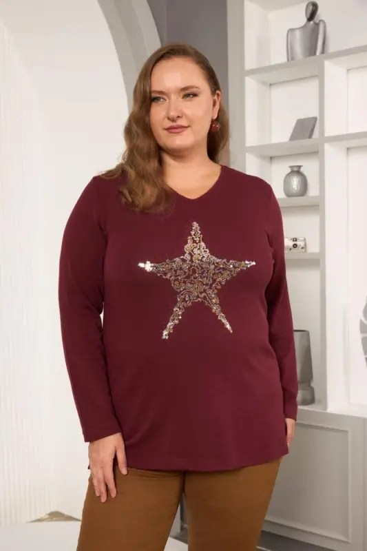 Plus Size Star sequin embroidery detail blouse burgundy - BÜYÜKBEDENIZ