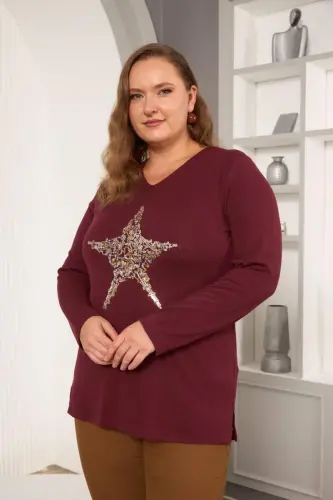 Plus Size Star sequin embroidery detail blouse burgundy - BÜYÜKBEDENIZ (1)