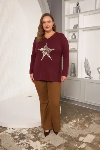 Plus Size Star sequin embroidery detail blouse burgundy - 7