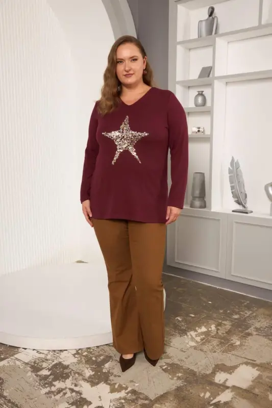 Plus Size Star sequin embroidery detail blouse burgundy - 7