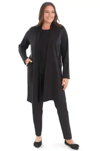 Plus Size Steel Black Cardigan with Leather Trim Sides - 1