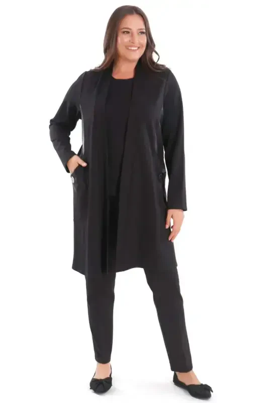 Plus Size Steel Black Cardigan with Leather Trim Sides - 1