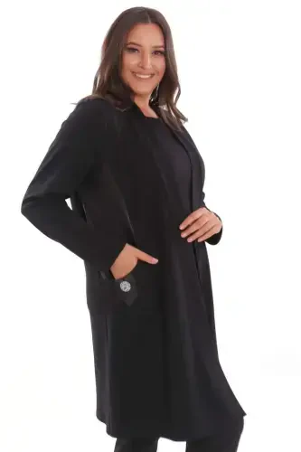 Plus Size Steel Black Cardigan with Leather Trim Sides - BÜYÜKBEDENIZ (1)