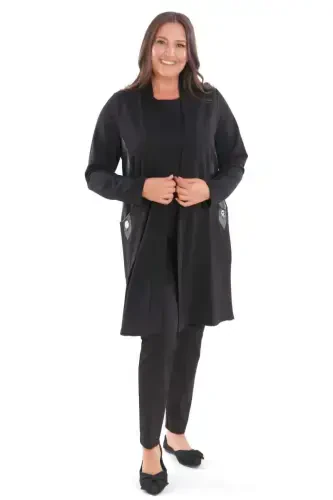 Plus Size Steel Black Cardigan with Leather Trim Sides - 3