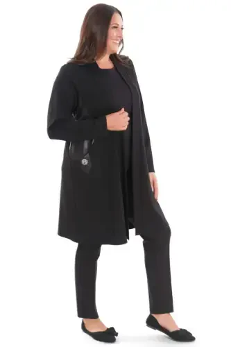 Plus Size Steel Black Cardigan with Leather Trim Sides - 4