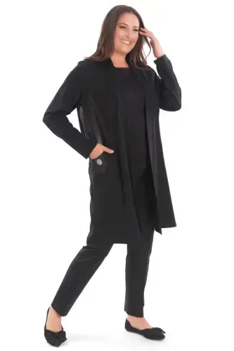 Plus Size Steel Black Cardigan with Leather Trim Sides - 5
