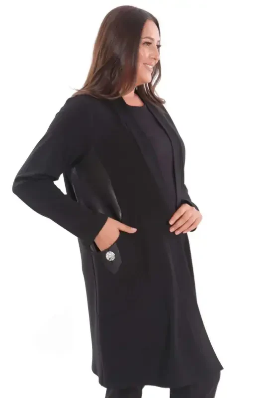 Plus Size Steel Black Cardigan with Leather Trim Sides - 6