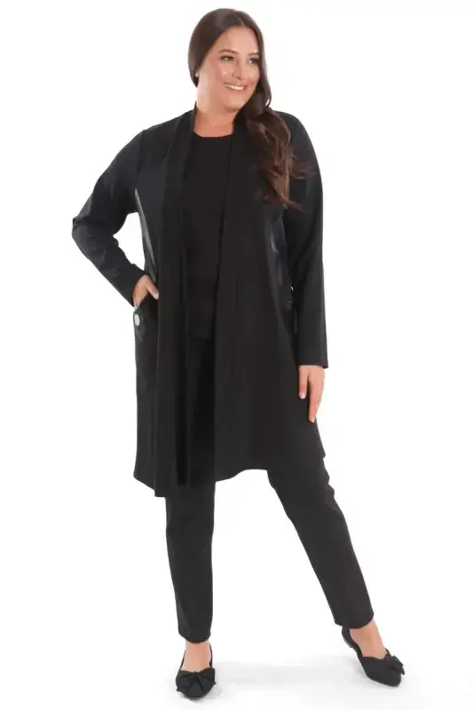 Plus Size Steel Black Cardigan with Leather Trim Sides - 7