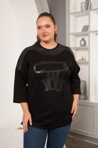 Plus Size Stone and Leather Detailed Blouse Black - 1
