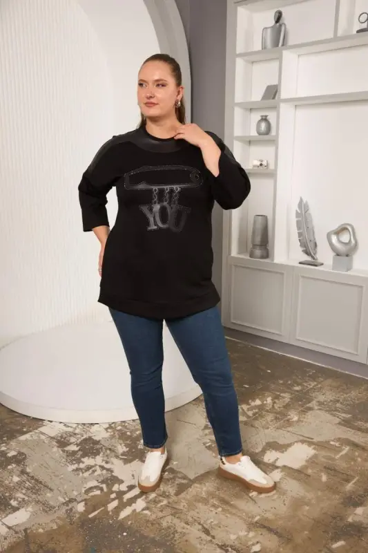 Plus Size Stone and Leather Detailed Blouse Black - 6