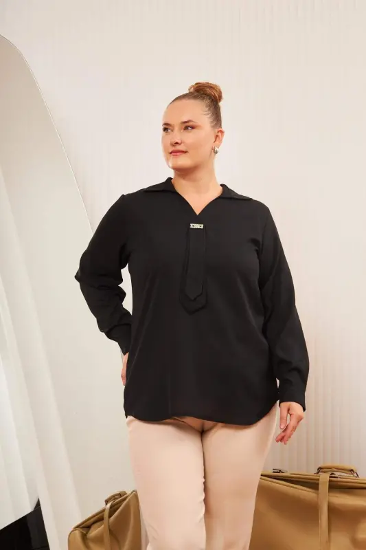 Plus Size Stone Detail Blouse Black - BÜYÜKBEDENIZ