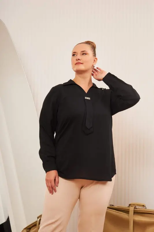 Plus Size Stone Detail Blouse Black - 2