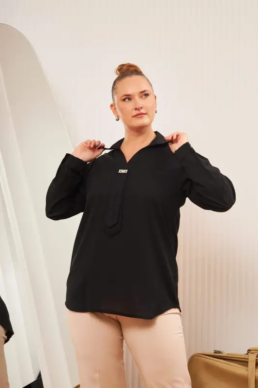 Plus Size Stone Detail Blouse Black - 5