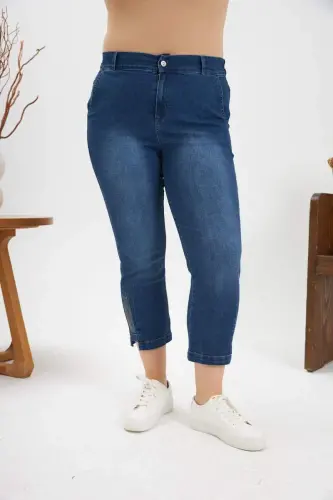 Plus Size Stone Detail Denim Capri Kim. Blue - 1