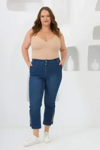 Plus Size Stone Detail Denim Capri Navy Blue - 4