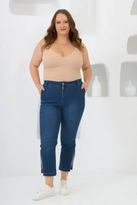 Plus Size Stone Detail Denim Capri Navy Blue - 4