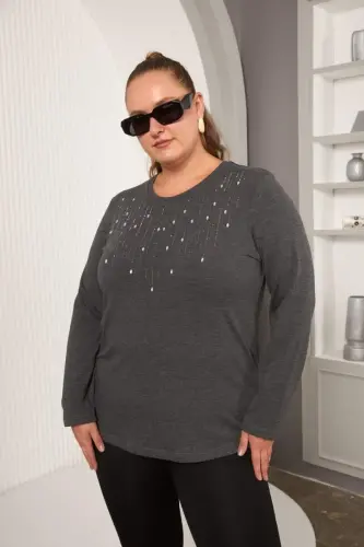 Plus Size Stone Detail Front Blouse Anthracite - 1