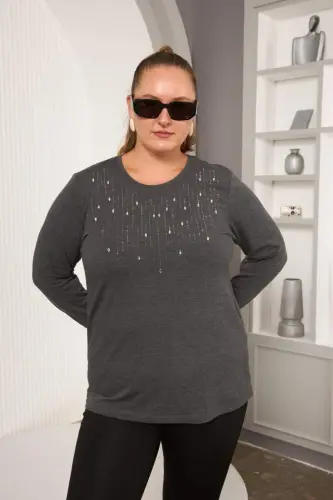 Plus Size Stone Detail Front Blouse Anthracite - 3