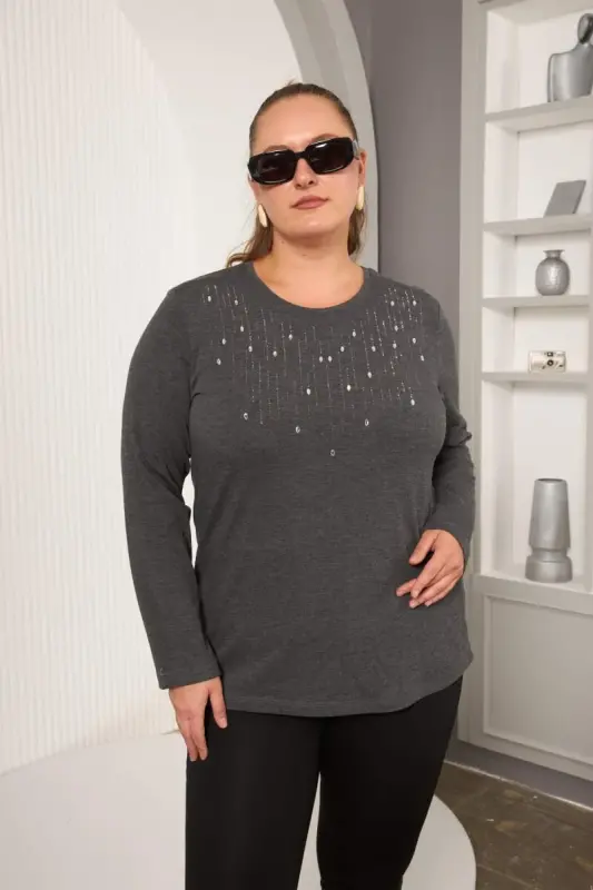 Plus Size Stone Detail Front Blouse Anthracite - 4