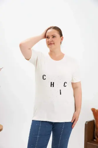 Plus Size Stone Detail Printed T-shirt Ecru - 1